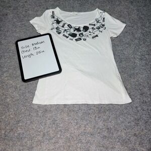 Banana Republic‎ Embellished Print Neckline T-Shirt Top White Size Medium